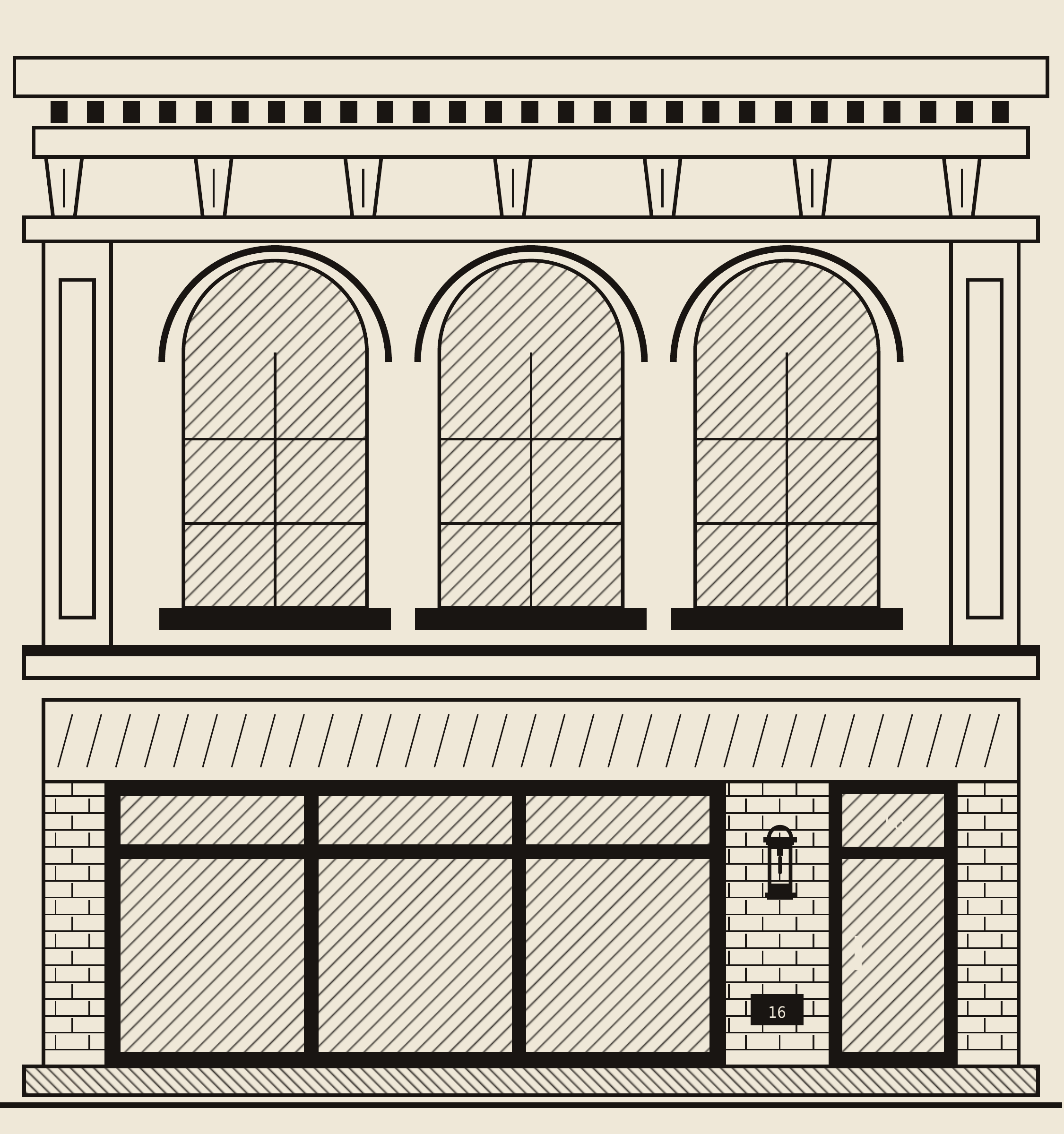 Engraving of Homestead’s historic brick facade, with the large storefront window on the left and door on the right.